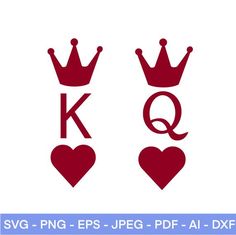 two crowns with hearts and the letter q on them, both in red font that says love