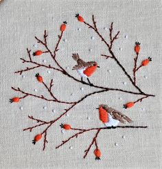 two birds sitting on top of a tree branch with red berries in the branches and white dots