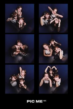 four different pictures of people making faces and posing for the camera with their arms around each other