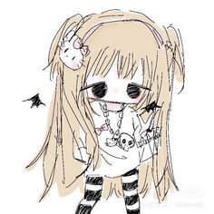 a drawing of a girl with long blonde hair and cat ears, wearing striped pants