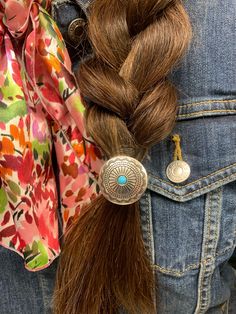 "Hair Concho with a turquoise colored center stone. Heavy duty ponytail that's great for thick hair. Can be replaced if needed. Perfect western accessory. Concho is approximately 1 1/8\" across." Jean Jewelry, Homesteading Animals, Cowgirl Fashion, Ariat Boots, Western Accessories, Cowgirl Jewelry, Denim Dresses, Summer Concert, Ponytail Holder