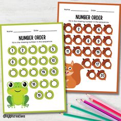 the number order worksheet is next to colored pencils and an image of a frog