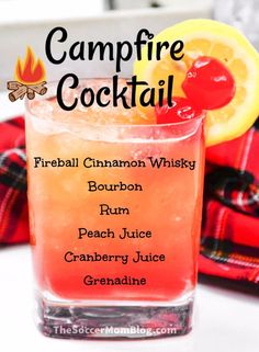 Warm and spicy, just like a bonfire on a summer night — this Campfire Cocktail is made with Fireball cinnamon whiskey and is layered to look like glowing embers! Fireball Drinks Recipes, Fireball Cocktails, Fireball Drinks, Cinnamon Whiskey, Fireball Whiskey, Thomas Birthday, Mix Drinks, Wedding Drinks