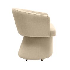 an upholstered chair with wheels on it