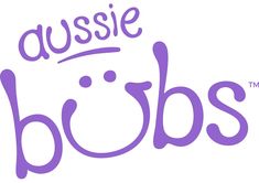 the logo for aussie bibs is purple and has bubbles on it's side