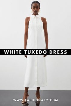 A striking white tuxedo dress offers a fresh take on classic formal wear. Ideal for creating a standout look at weddings, parties, or special events. White Tuxedo Dress