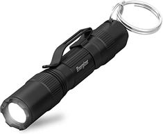 a flashlight with a keychain attached to the handle is shown on a white background