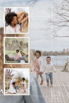 a collage of photos with people walking on a wooden deck next to the water