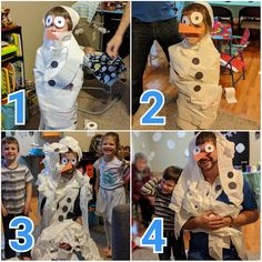 four pictures showing how to make a snowman costume