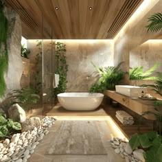 A serene, earthy bathroom interior with natural wood elements, stone accents, and lush green plants1 Spa, Interior Design, Bedroom, Plants, Design