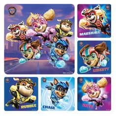 the paw patrol character stickers are shown in four different styles and colors, including one with