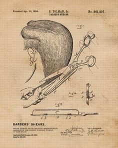 "Want to get a unique present for the Barber Enthusiast or fan in your life and show off your mad gift giving skills? Get this retro set of iconic barber tool patents artwork reinterpreted to capture the spirit of innovation, creativity, and hand crafted to infuse the classic, vintage feel and personal touch by our award winning artist in North Carolina. EXCELLENT GIFT and a fun conversation starter or gift ideas for birthday, wedding, graduation, Christmas, Father's day, Mother's day, Valentine Vintage Barber Shop Aesthetic, Barber Shop Decor Ideas Wall Art, Vintage Barbershop Decor, Salon Backbar Ideas, Southwest Mid Century Modern, Barber Poster, Barber Shop Vintage, Barber Haircuts, Home Office Man Cave