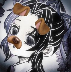 a drawing of a girl with long hair and big eyes has been cut out to resemble a dog's head