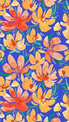 watercolor painting of orange and yellow flowers on a blue background with green leaves in the center