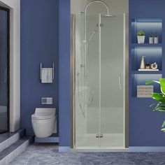 a bathroom with blue walls and flooring has a toilet, shower, and sink