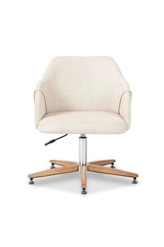 an office chair with wooden legs and a beige upholstered seat, viewed from the front