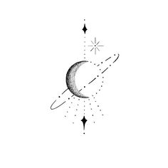 a black and white drawing of the moon with stars