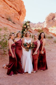 the bride and her bridesmaids pose for a photo in front of red rock formations