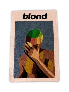 a rug with the image of a woman holding her hand up to her face, and the word blond on it