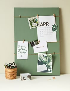 a green bulletin board with pictures and magnets on it next to a potted plant