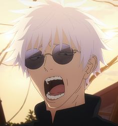 an anime character with pink hair and sunglasses on his face, yelling at the camera