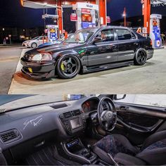 there are two pictures of cars at the gas station