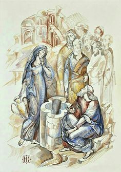 this is an image of a drawing of the birth of jesus christ and mary with other people around it