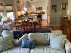 a living room filled with furniture and a dog laying on top of the couches