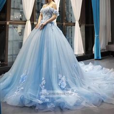 Light Blue Tulle Quince Dresses 3D Flower Off the Shoulder Cinderella – Viniodress Quencinera Ideas, Wedding Dress Cinderella, Light Blue Wedding Dress, Light Dusty Blue