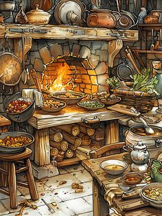 a kitchen filled with lots of food and cooking utensils on top of a stove