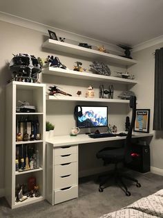 a bedroom with a desk and shelves filled with toys