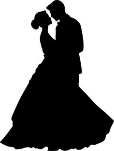 a silhouette of a man and woman in formal dress, holding each other's head