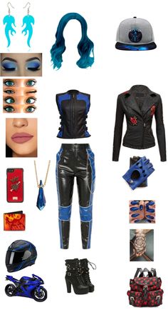 a collage of different items including a hat, gloves and shoes with blue hair