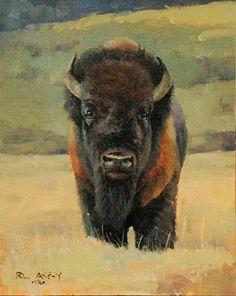 an oil painting of a bison in a field