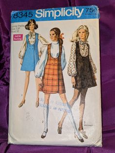 SALE - 25% OFF THE PURCHASE OF THREE OR MORE PATTERNS - AND FREE U.S.A. SHIPPING WITH A $35.00 PURCHASE UP TO 3 (THREE) PATTERNS SHIP TO CANADA* FOR THE 1ST SHIPPING FEE BRAND and PATTERN # - Simplicity #8345 DATE - 1969 Copyright SIZE - Junior Petite 7 MEASUREMENTS - USA - Bust 32 Inches Waist 23 1/2 Hip 33 Back Neck to Waist 14 1/2  or CANADA - Bust 81 Waist 59 Hip 84 Back Neck to Waist 37 CONDITION - Good used with all original cut tissue pieces and instructions included. The jumper pieces have been cut to the longer above knee length. In a protective sleeve because the envelope is fragile. STYLE - Mod Separates: Lined Jumper, Above Knee or Mini Length, Front Double Breasted Button Close, Low U Front Neckline, Shaped Front Edge; Back Zip Blouse, Roll Collar with Optional Tie, Long Full Simplicity Patterns Vintage, Double Breasted Dress, Rolled Collar, Blouse Pattern Sewing, Fashion Sewing Pattern, Old Fashion, Simplicity Patterns