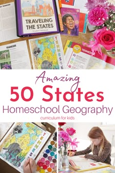 the cover of an amazing 50 states homeschool geography book with pictures of children's books and flowers