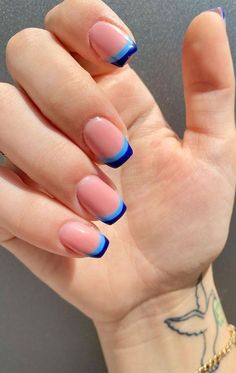 September Nails French Tip, White Nails With Colored French Tip, Biab Nail Design Blue, Double Layer French Tip Nails, French Nails With Blue Tips, Blue Style Nails, Double Blue French Tip Nails, September Blue Nails, 2 Color French Tip