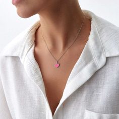 This elegant pink heart necklace is crafted with 14k solid gold, embodying timeless beauty and sophistication. Its minimalist design, combined with the finest craftsmanship, makes it a perfect piece for everyday wear or a meaningful gift for a loved one. This necklace is crafted with real 14k solid gold(not plated, not vermeil, not gold filled) You don't need to worry about water, perfume or conditioner contact since real gold doesn't tarnish. The center is hand applied pink enamel on top of sol Diamond Stacking Rings Engagement, Pink Heart Pendant, Pink Heart Necklace, Diamond Heart Pendant Necklace, Diamond Huggies, Mini Pink, Heart Pendants, Heart Pendant Gold, Gold Ring Stack