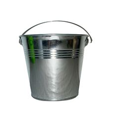 a metal bucket with a green handle on a white background