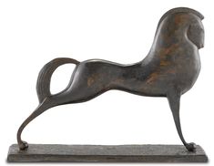 a bronze statue of a horse standing on its hind legs with it's tail curled up