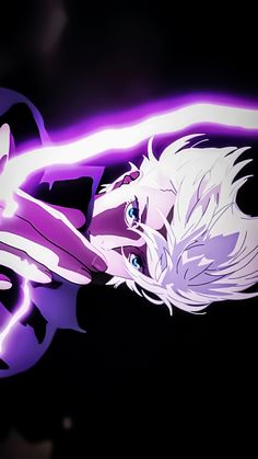 an anime character with white hair and blue eyes is in the middle of purple light