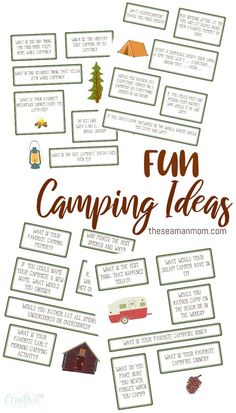 a poster with the words fun camping ideas written in different languages and pictures on it