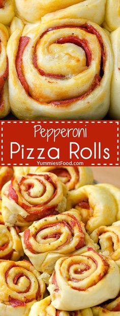 pizza rolls are stacked on top of each other with the words, pepperoni pizza rolls click here for more