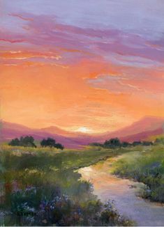 an oil painting of a sunset over a river