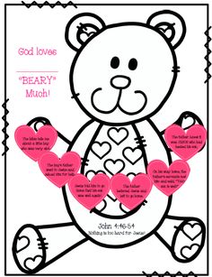 a teddy bear with hearts on it's chest and the words, god loves dearly mom