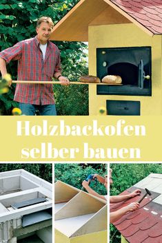 a man standing in front of a chicken house with the words holzbackoen selber bauer on it