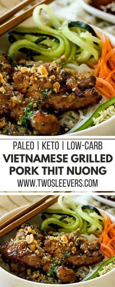 two pictures of food with chopsticks in them and the words paleo keto low - carb vietnamese grilled pork