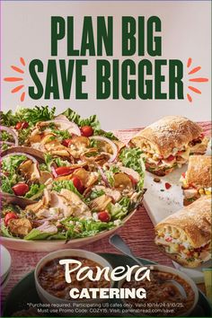 a flyer for a panera catering restaurant with sandwiches and salads on the table