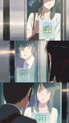 an anime scene with two people looking at each other