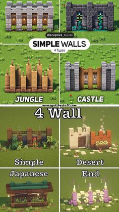 some different types of buildings in minecraft with the words jungle castle 4 wall on them